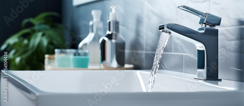 Flowing water in bathroom sink faucet in a modern clean house.