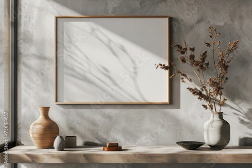 Horizontal wooden poster or photo frame mockup with vase on the desk in living room interior. 3D rendering.