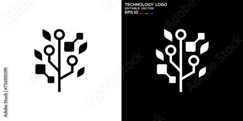 Vector template of technology tree logo, leaf, circuit, tech, electric current, EPS 10