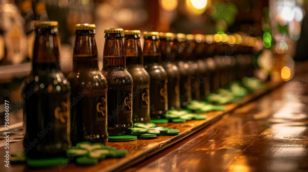 Bottles of beer a popular Irish stout lined up on a table adorned with shamrock coasters ready to be enjoyed during St. Patricks Day gatherings.