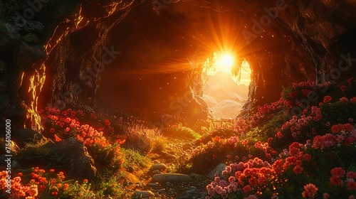 Empty tomb with stone rocky cave and light rays bursting from within. Easter resurrection of Jesus Christ. Christianity, faith, religious, Christian Easter concept