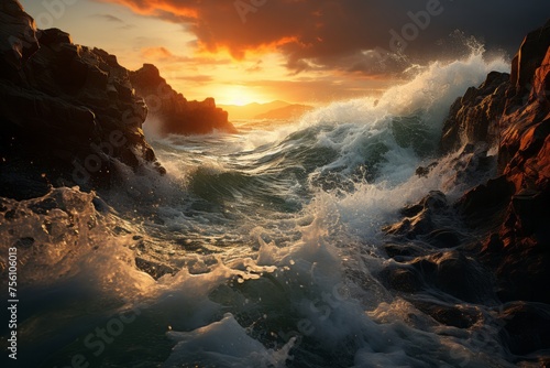 Waves crash on rocks at sunset, painting a scenic natural landscape