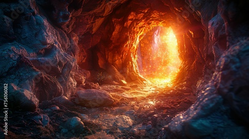 Empty tomb with stone rocky cave and light rays bursting from within. Easter resurrection of Jesus Christ. Christianity, faith, religious, Christian Easter concept