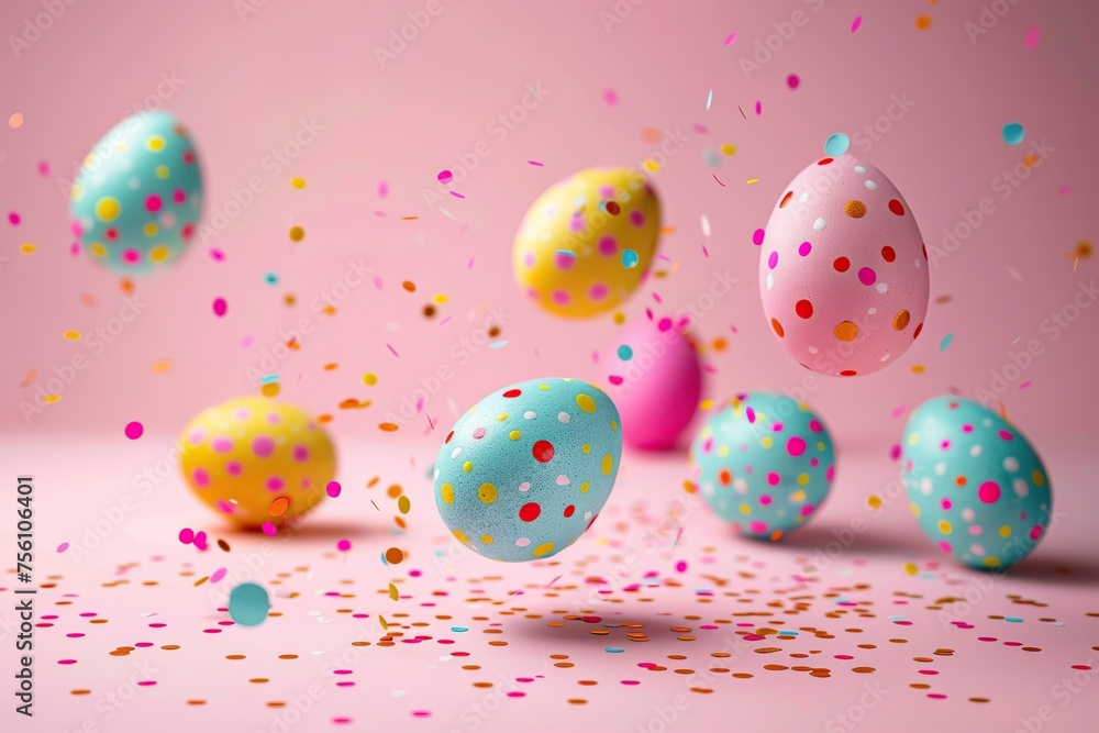 Easter background with colorful eggs and confetti. 3d render. Easter background with colorful eggs and confetti. 3d render.