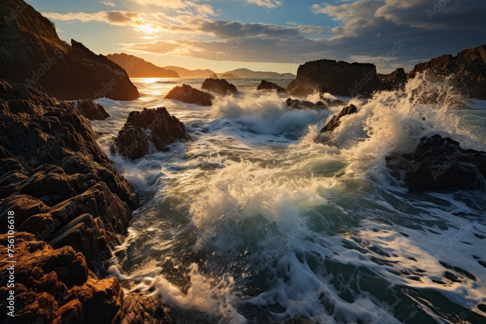 Water waves crashing on rocks during sunset in a natural landscape