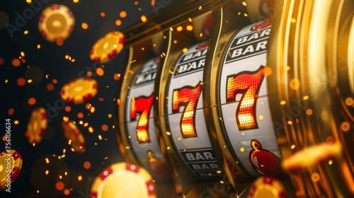 A Bar Bar Bar 7 slot machine with three reels. The reels are lit up and the machine is surrounded by sparks photo