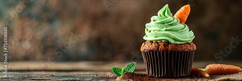Banana bread cupcakes with green buttercream frosting and nuts on wooden background