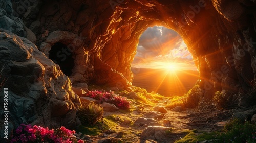 Empty tomb with stone rocky cave and light rays bursting from within. Easter resurrection of Jesus Christ. Christianity, faith, religious, Christian Easter concept