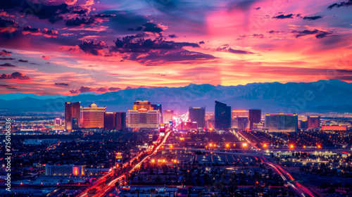 A cityscape with a large tower in the background. The sky is a mix of colors, including red and blue. The city is lit up with neon lights, creating a vibrant and lively atmosphere
