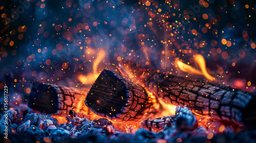 Close-up of campfire embers glowing and sparks flying, creating a mesmerizing effect against the night background.