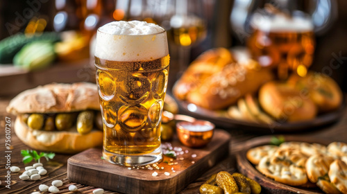 A wooden table adorned with fresh creamy cheeses tangy pickles and crunchy bread rolls making the perfect pairing for a cold pint of Oktoberfest beer.