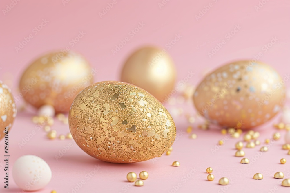 Obraz premium Golden easter eggs on pastel pink background with sparkles