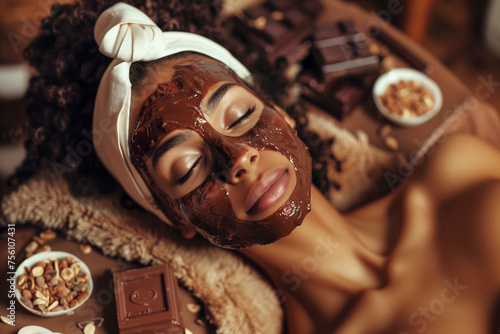 Beautiful young woman relaxing with a chocolate mask at the spa salon.