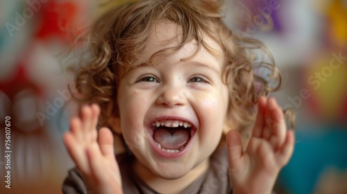 A young child laughs and claps enthusiastically after successfully pronouncing a difficult sound during an audiology session.