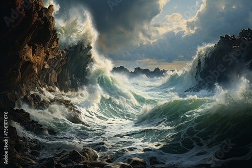 A turbulent seascape with waves hitting a rugged coast under a cloudy sky