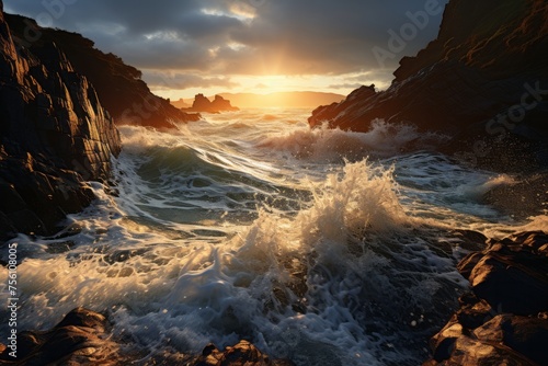 Sunset over ocean with waves crashing against rocks © 昱辰 董