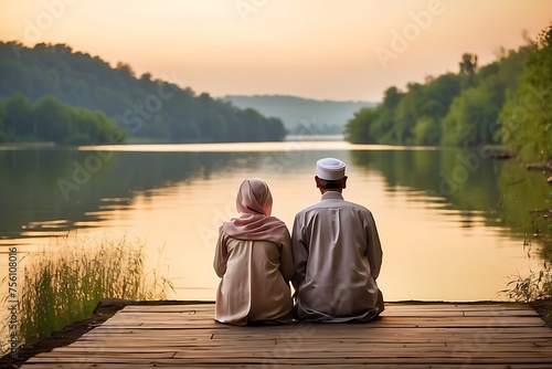 Muslim couple in traditional clothes sitting on wooden pier by the lake at sunset