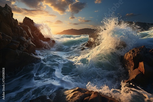 Water waves crash on rocks during sunset creating a stunning natural landscape © 昱辰 董