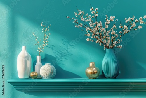 Interior wall mockup close up in green color with decor on blue shelf, 3d render