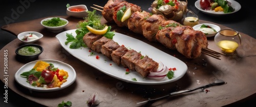  At a barbecue gathering, the sizzle of kebabs on the grill fills the air. Chicken meat skewers, adorned with mushrooms and peppers, char over glowing coals. The aroma of smoky goodness wafts through 