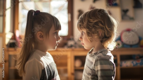 Two children stand facing each other playing the roles of arguing siblings. The parent steps in as a mediator to help the children practice active listening and understanding