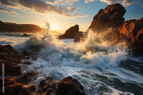 Water crashing against rocks at dusk, under a sky filled with cumulus clouds