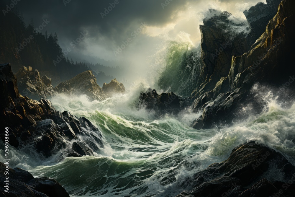 A turbulent ocean with ominous clouds and rocky mountains in the background