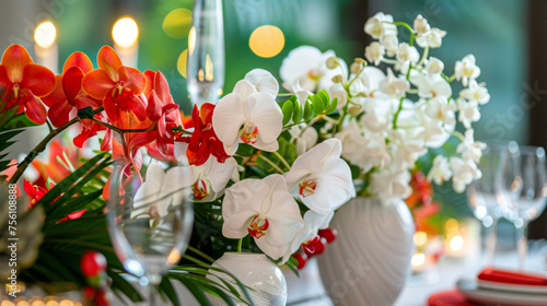 As a symbol of purity and renewal the table is also decorated with white flowers such as orchids or chrysanthemums along with vibrant red flowers bringing an element of luck © Justlight