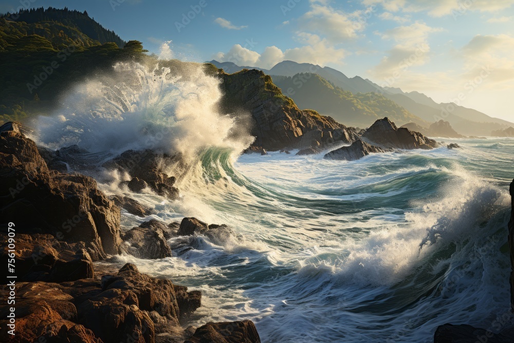 Water wave crashing on rocky shore, a natural landscape art - obrazy, fototapety, plakaty 