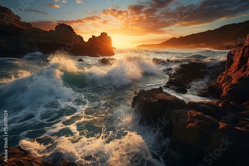 A dusk sky over a rocky beach with waves crashing against the rocks