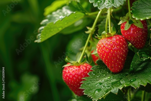 Mature strawberries on a branch surrounded by greenery