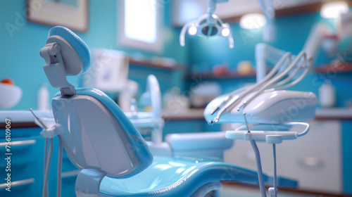 A bright blue and white dental office with a blue chair and a blue and white dental chair. The room is well lit and has a clean, modern look