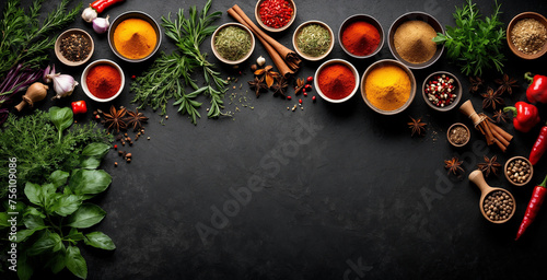 various spices, condiments, various vegetables on a black table board, empty in the middle, from a top view. cooking spice equipment