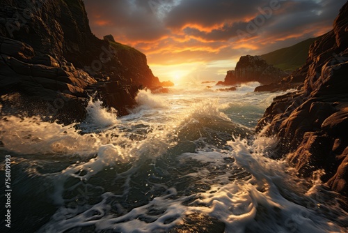 Clouds glow as sun sets over ocean, waves crash on rocks