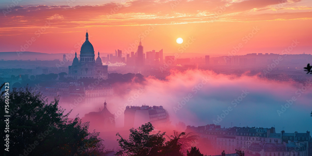 Majestic Sunrise over Paris with Foggy Cityscape and Silhouetted Buildings in Foreground - obrazy, fototapety, plakaty 