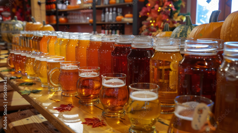 A table filled with various flavors of locally brewed craft beers each one labeled with a unique Oktoberfestthemed name from Prost Pumpkin Ale to Lederhosen Lager. A table filled with various flavors of locally brewed craft beers each one labeled with a unique Oktoberfestthemed name from Prost Pumpkin Ale to Lederhosen Lager.