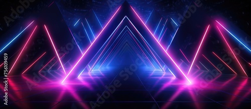 Futuristic neon lights glowing triangle sci-fi abstract lasers vibrant column dark © Vusal