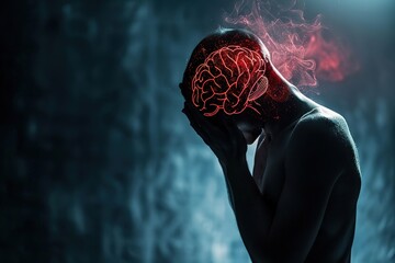 Brain diseases problem cause chronic severe headache migraine. Male adult look tired and stressed