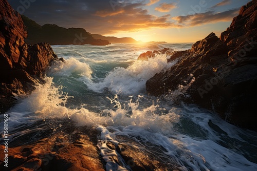Water waves crash on rocks during sunset, painting the sky with vibrant colors