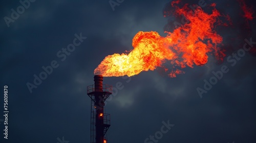 A flare stack burning off excess natural gas creating a bright flame and loud roaring noise. photo
