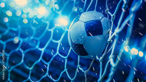 A soccer ball is stuck in a net. Concept of excitement and anticipation for a soccer game.