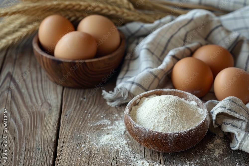 Eggs, flour, and wheat spikes on table. Eggs, flour, and wheat spikes on table.