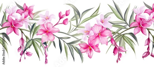 Tropical bamboo and pink flowers watercolor pattern on white backdrop.