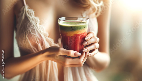 Feminine hands gently holding a glass filled with a colorful, thick smoothie. Healthy food concept. Ai generative.