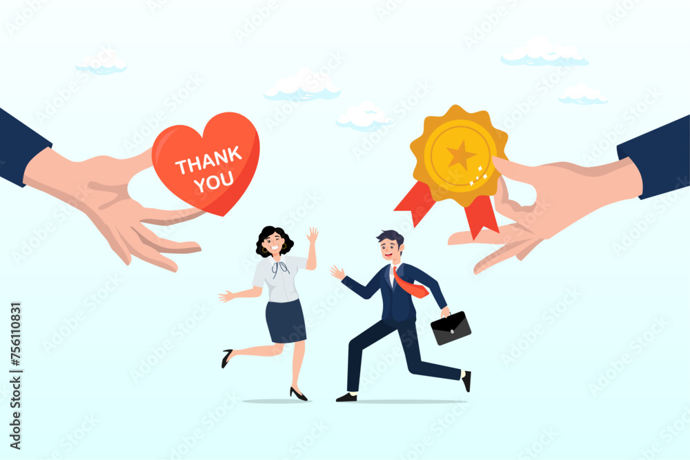 Business man hand giving heart with thank you and reward to employees, employee appreciation, giving thank you or recognition award to best employees, gratitude or grateful support, thankful (Vector)