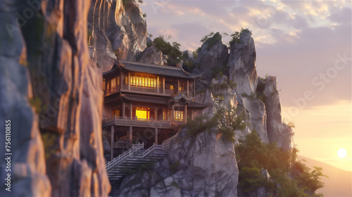 an Asian Traditional house in the edge of rock mountain cliff with sea of clouds in sunset