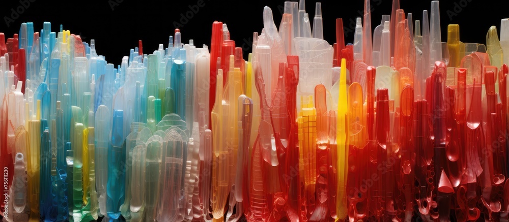 Fototapeta premium A colorful row of plastic straws in shades of magenta, set against a black background. These office supplies can add a pop of color to any event or glass of liquid