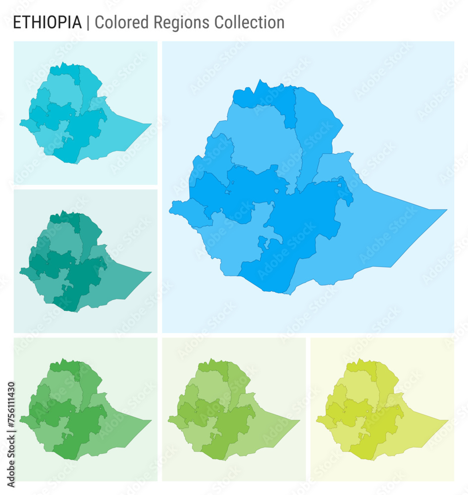 Ethiopia map collection. Country shape with colored regions. Light Blue, Cyan, Teal, Green, Light Green, Lime color palettes. Border of Ethiopia with provinces for your infographic.