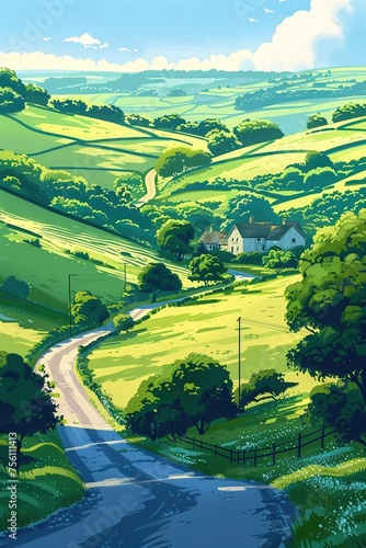 Illustrating a peaceful countryside drive through rolling hills