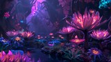 Digital art of a neon-lit, enchanting forest with luminous plants and flowers, creating an atmosphere of fantasy and magic.

